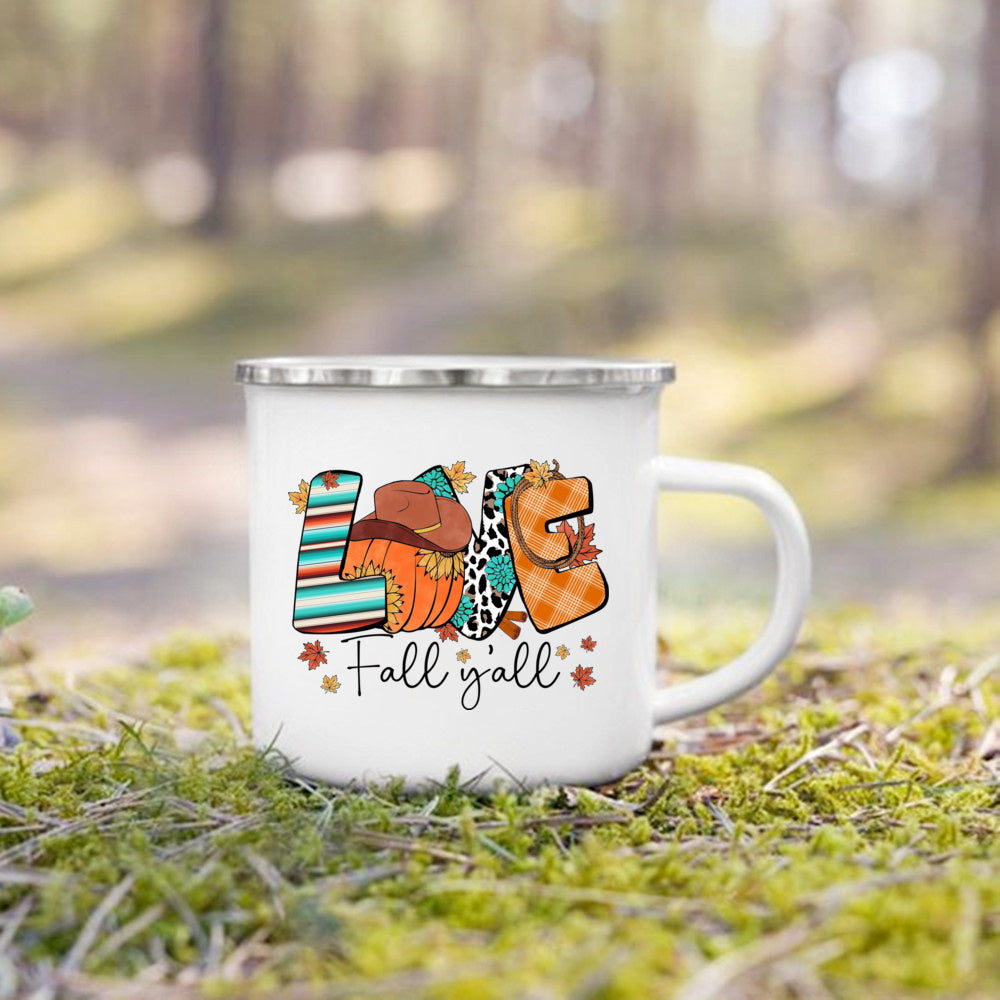 Pumpkin Leaves Dog Cat Printed Enamel Mugs Coffee Cups Fall Thanksgiving Party Wine Juice Mug Handle Cup Autumn Holiday Gifts