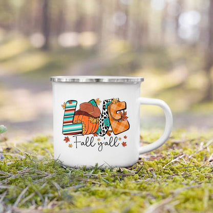 Pumpkin Leaves Dog Cat Printed Enamel Mugs Coffee Cups Fall Thanksgiving Party Wine Juice Mug Handle Cup Autumn Holiday Gifts