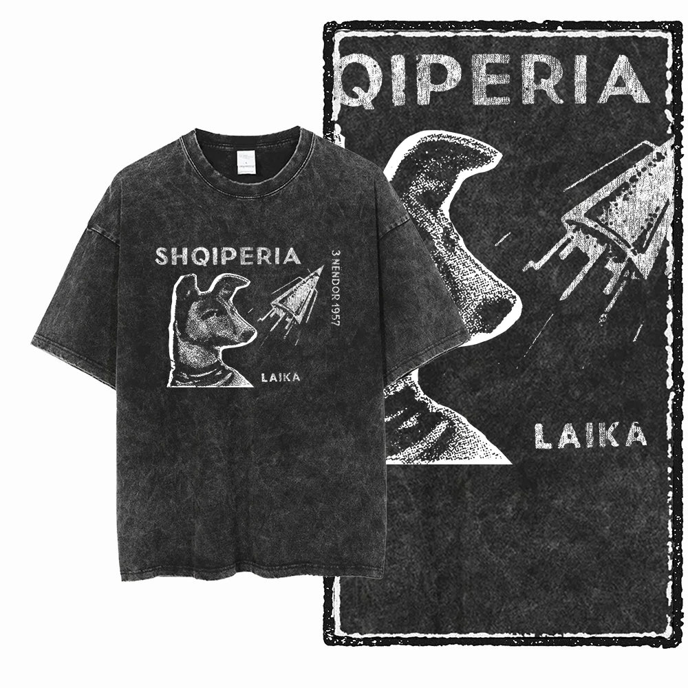 the SPACE TRAILBLAZER - DCA Laika Dog Printed Acid Washed Cotton Streetwear Exclusive Graphic Unisex T-Shirt, Cool Vintage Men T-Shirts