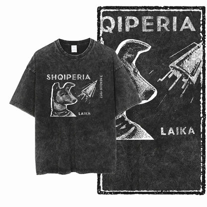 the SPACE TRAILBLAZER - DCA Laika Dog Printed Acid Washed Cotton Streetwear Exclusive Graphic Unisex T-Shirt, Cool Vintage Men T-Shirts