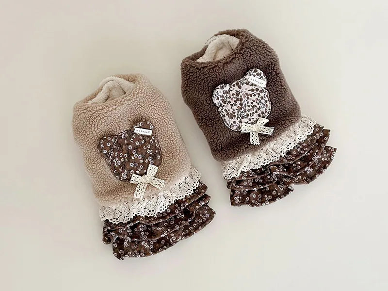 Pet Flower Plush Coat Dog Flower Cake Skirt Cute Dog Plush Hat Dog Clothes Winter Bear Flower Plush Thick Vest Coat Bottom Skirt