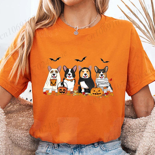 the COSTUME CANINES - Halloween Dog Fashion T-Shirt Tops, Women Harajuku Graphic Tees, Shirt Femme Corgi Dogs Halloween Women's T-Shirt