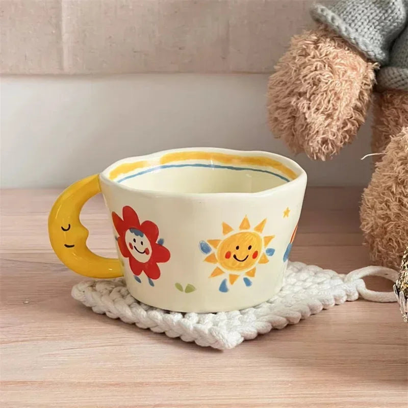 300ml Creative Cartoon Ladybug Dog Pattern Coffee Cup with Moon Handle Ceramic Mug Breakfast Milk Cups for Kids Birthday Gift