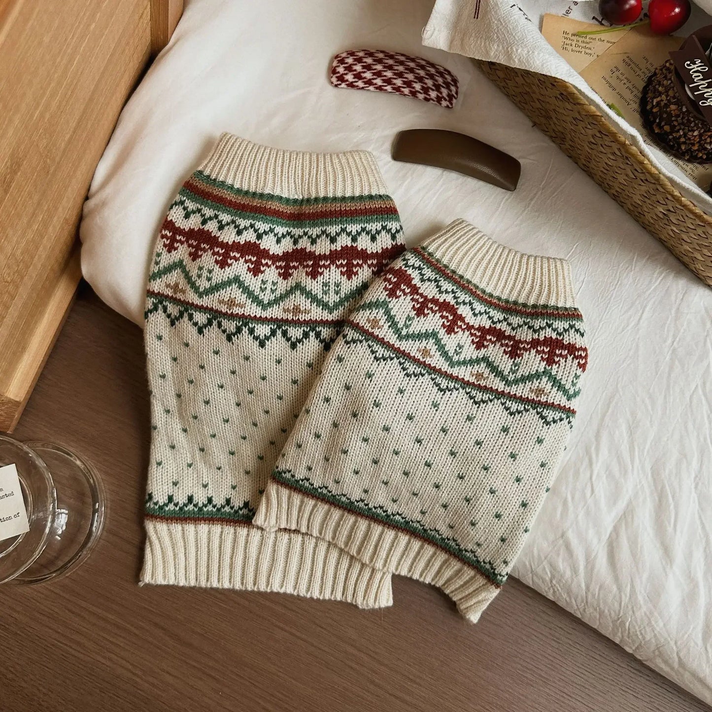 Christmas Dog Sweater Winter Wear, Beige Green Stripe Knitted Pet Clothes, Warm Cozy Festive Apparel for Small Medium Puppies