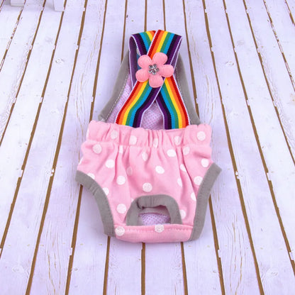Adjustable Pet Diaper Pants for Female Dogs with Rainbow Suspenders Cute Polka Dot Puppy Sanitary Underwear Reusable Dog Shorts