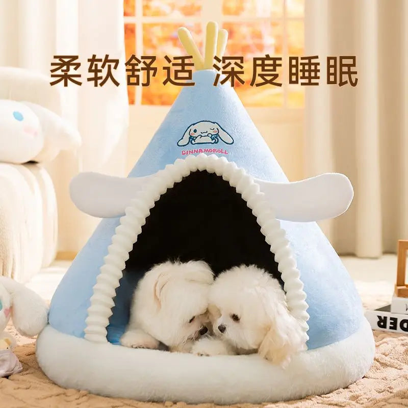 Kawaii Sanrio Cinnamoroll Dog Beds Cute Cat Mats Kennel Winter Warm Enclosed Safe House Removable Washable Sleeping Mat