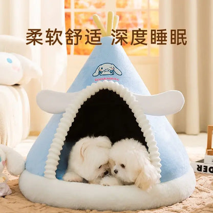 Kawaii Sanrio Cinnamoroll Dog Beds Cute Cat Mats Kennel Winter Warm Enclosed Safe House Removable Washable Sleeping Mat