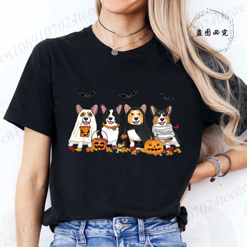 the COSTUME CANINES - Halloween Dog Fashion T-Shirt Tops, Women Harajuku Graphic Tees, Shirt Femme Corgi Dogs Halloween Women's T-Shirt