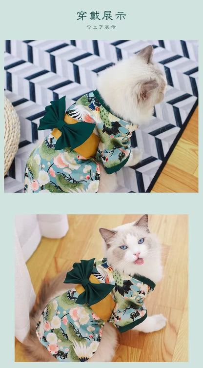 Adorable Brocade Pet Kimono Dress Japanese Style Pet Dress Floral Bowknot Pet Costume for Dogs Cats