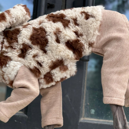 Hooded Leopard Sweater for Dogs in Winter Soft 4-legged False Two Fleece Coat for Greyhounds Warm High-neck Jumpsuit for Whippet