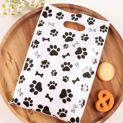 10/20/50pcs Dog Paw Black White Gift Bags with Handle - Plastic Animal Theme Party Decoration Candy Goodie Bags for Pet Treats