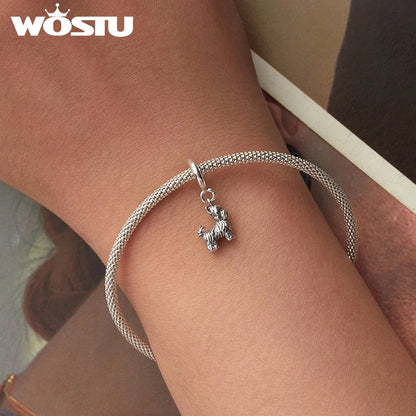 WOSTU 925 Sterling Silver Pet Dog Charm Pomeranian Pendant Yorkshire Terrier Locket Cute Original Fit for Women Bracelet DIY