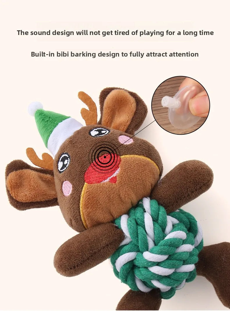 the MERRY PLUSH MUNCHERS - Christmas Plush Dog Toys with Cotton Rope & Squeakers, Chew Resistant Animal Dental Toys for Puppies, Teething Chew Toys