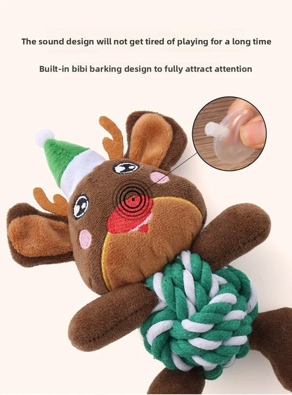 the MERRY PLUSH MUNCHERS - Christmas Plush Dog Toys with Cotton Rope & Squeakers, Chew Resistant Animal Dental Toys for Puppies, Teething Chew Toys
