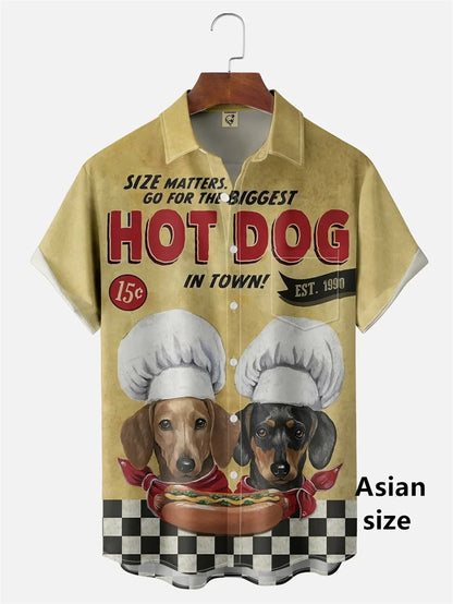 the HOT DOG DACHSHUND - Funny Cartoon Hot Dog Dachshund Graphic Shirts, Men/Women 3D Printed Casual Vacation Hawaiian Short Sleeve Shirts, Button Blouse