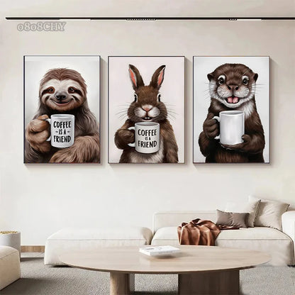 Funny Wall Art Pictures Animal Coffee Portrait Posters Canvas Print Art Sloth Pug Dog and Coffee Mural Cute Home Decor Painting