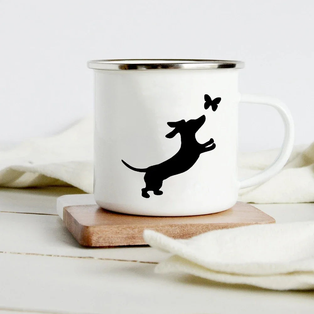 Peace Love Dogs Print Creative Enamel Coffee Mugs Cartoon Dachshunds Dog Paw Party Beer Juice Milk Cups Friend Birthday Gifts