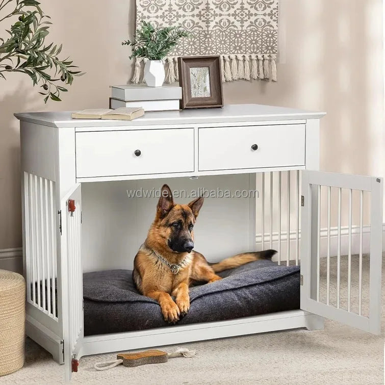 the TABLE CRATE - Dog Crate Indoor Doghouse with Two Doors and Lock, With Storage Drawers and Large Tabletop Dog Cages