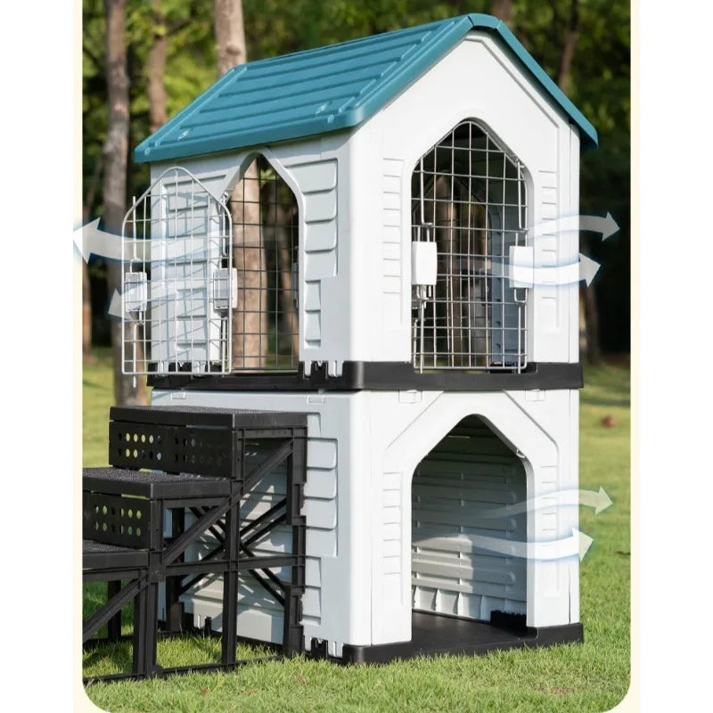the DOUBLE DECKER DOGHOUSE - Dog Villa with Two Floors, Outdoor Doghouse, Dogs Cage Suitable All Seasons in Summer Rainproof, Outdoor Waterproofing Cat/Dog House