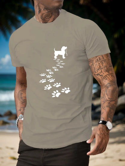 the WALK PLEASE -Men's Summer 100% Cotton Fashionable Casual Sports Loose Fit Dog Paw Print Round Neck Short Sleeved T-Shirt Top