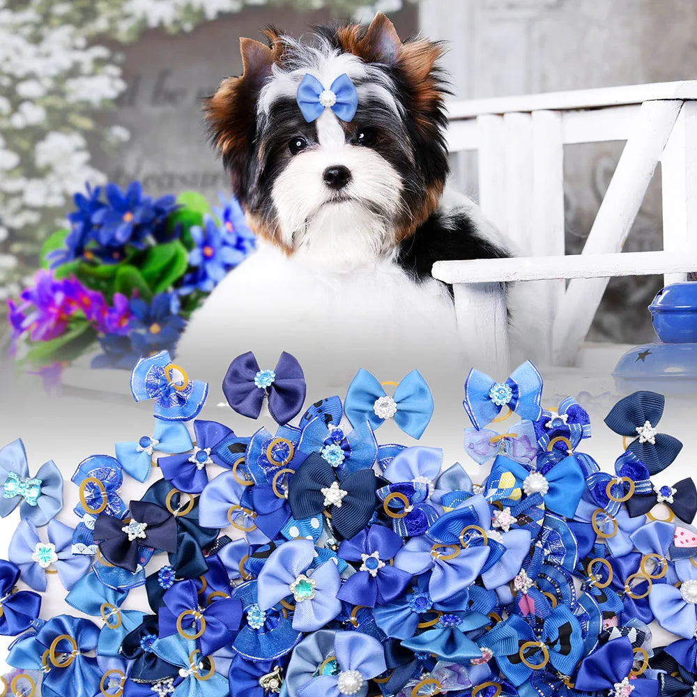 10/20PCS Blue Style Puppy Bows With Rubber Bands Handmade Dog Bows Cat Bowknots Pet Hair Accessories For Small Dogs