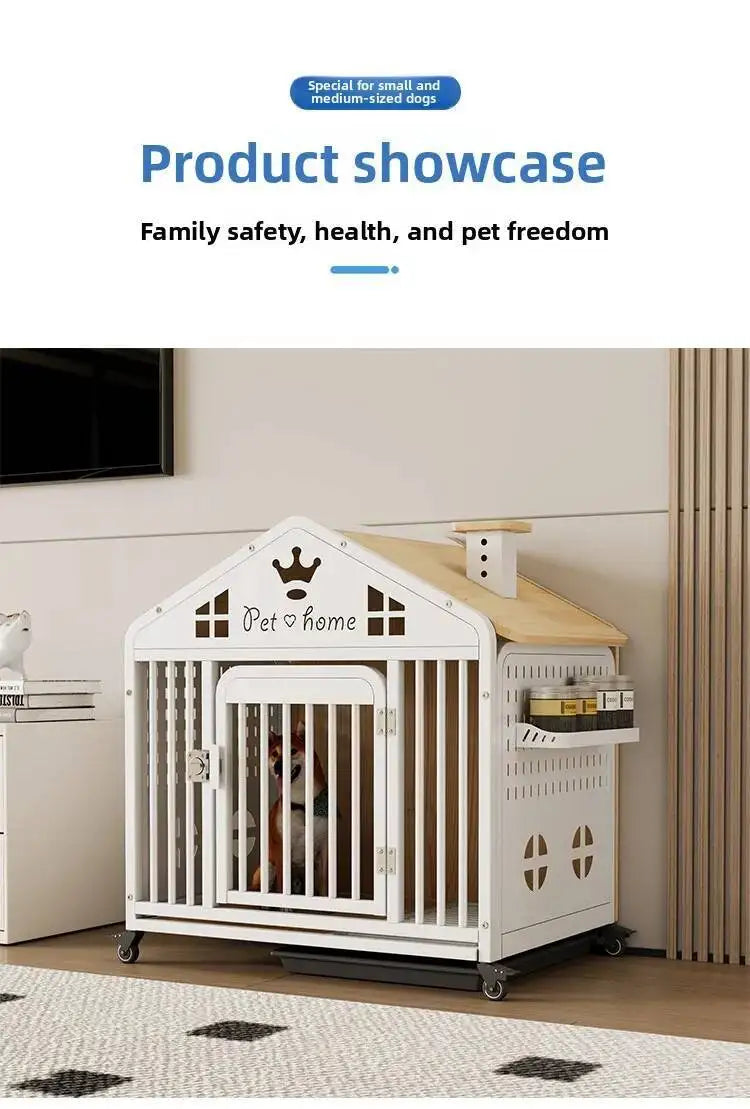 the DOG VILLA - Multi-Functional Solid Wood Steel Frame Pet Dog Villa, Small/Medium-Sized Dog Cage, Indoor Outdoor Dog Cage, Dog Bed with Toilet