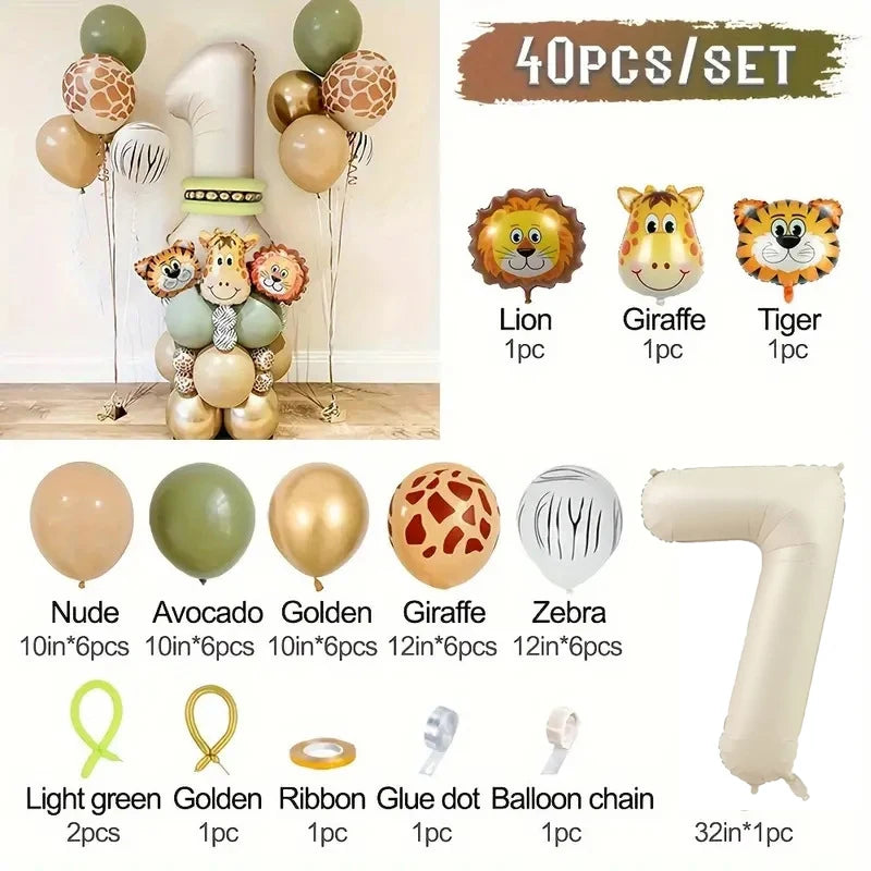 40 Pieces Jungle Retro Animal Balloons for Kids Birthday Number 12345 Gender Reveal Party Decoration Set Digital Birthday Ball