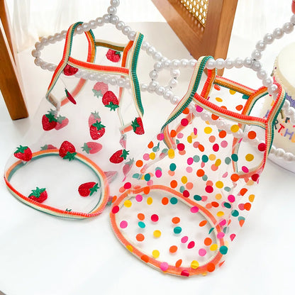 Pet Strap Sunscreen Vest Mesh Strawberries Dog Vests Dog Cat Clothing Supplies Thin Teddy Bear Colorful Dot Top Puppy Clothes