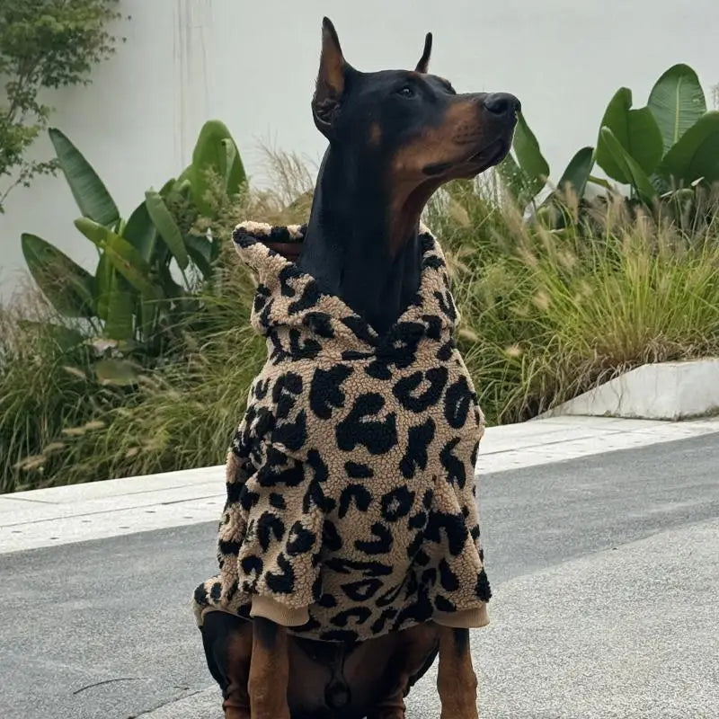 the URBAN LEOPARD ROVER HOODIE - Fashion Leopard Hoodie for Medium/Large Dogs, Warm Fleece Dog Jacket, Doberman Coats for Big Dogs