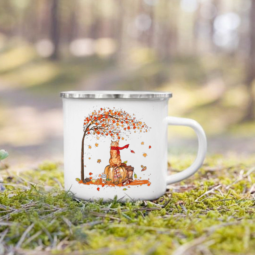 Pumpkin Leaves Dog Cat Printed Enamel Mugs Coffee Cups Fall Thanksgiving Party Wine Juice Mug Handle Cup Autumn Holiday Gifts