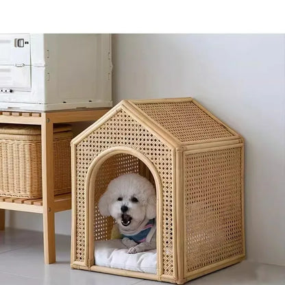 the WICKER HOUSE - House Pet Bed Roof Kennel Rattan Cat/Dog, Bed Kitten/Puppy Handmade Rattan Bed