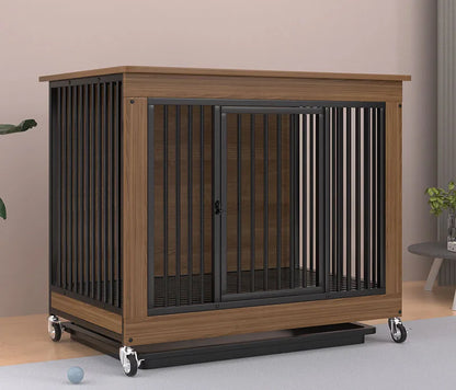 Reinforced Anti-Biting Dog Kennel Sturdy and Durable Wooden Round Pipe Dog Cage with Detachable Wheels Pet Bed