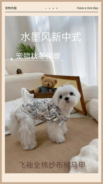 Pet Clothes Warm Winter Flying Sleeve Gauze Dog Parkas Home Clothing Small Dog Autumn and Winter Clothing Warm Floral Puppy Vest