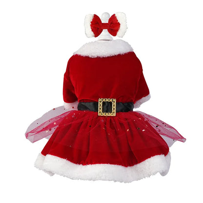 the CHRISTMAS BELLE DRESS - Christmas Red Mesh Dog Dress with Bow Headpiece, Festive Outfit for Small & Medium Dogs