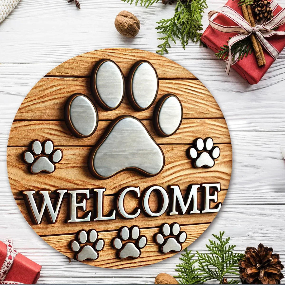 1Pc 2D Flat Printing Cute Dog Paw Wooden Welcome Sign,For Homes, Bars, Garages, Cafes and Gardens, ideal Housewarming Gifts