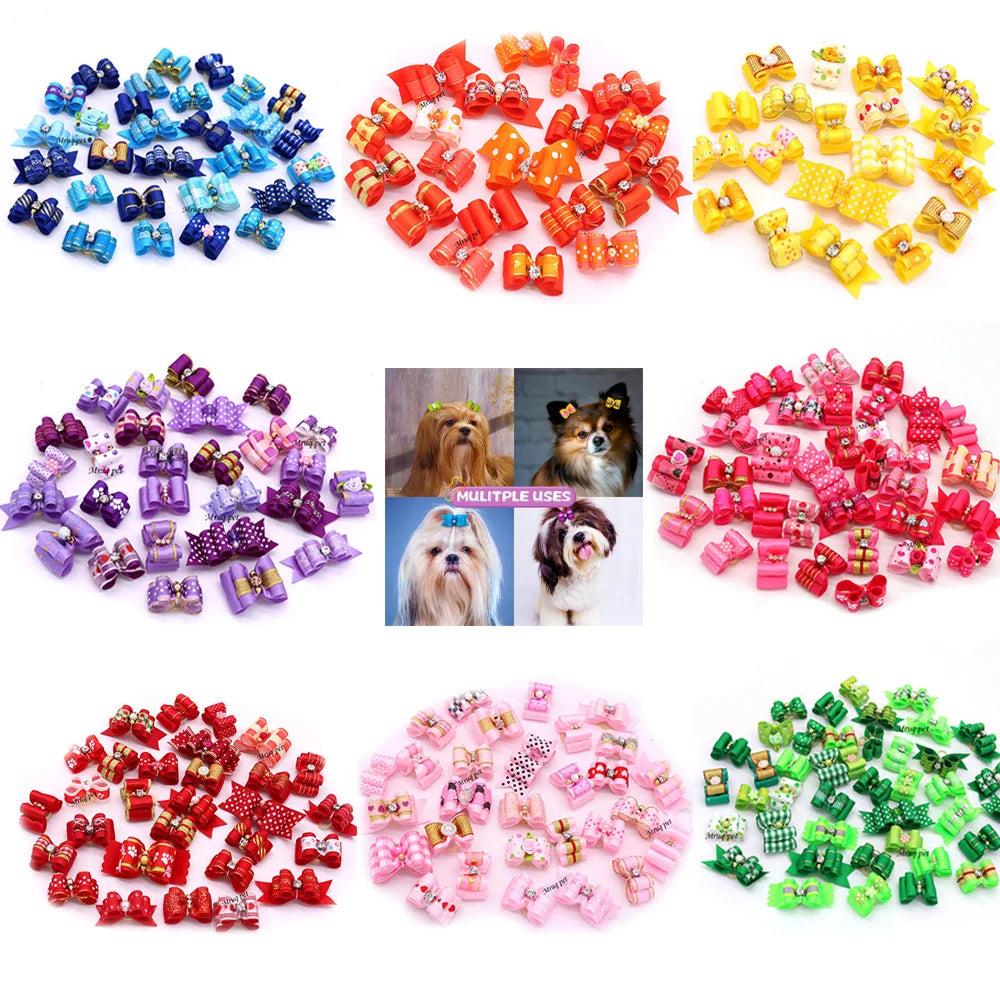20pcs Pet Dog Cute Hair Bows with Rhinestone&Flowers Ribbon Bows Dog Hair Accessory Dog Groomining Pet Supplies