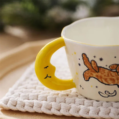 300ml Creative Cartoon Ladybug Dog Pattern Coffee Cup with Moon Handle Ceramic Mug Breakfast Milk Cups for Kids Birthday Gift