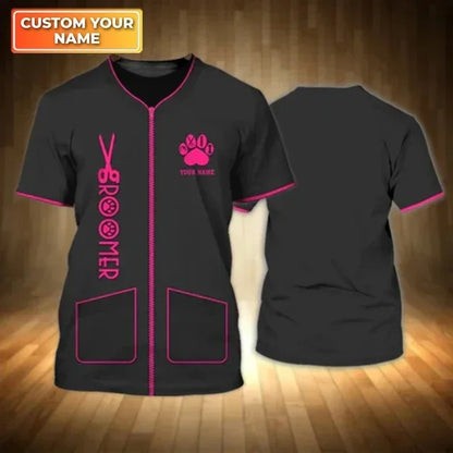 the GROOMER - Dog Grooming Graphic Printed Casual T-Shirts, Pet Groomer Customized Oversized Workwear, EU Size Unisex Pullover