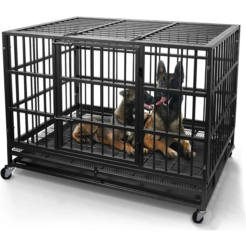 the IRON MAIDEN DOG CRATE - 48/38 Inch Heavy Duty Dog Crate, Cage Kennel with Wheels, High Anxiety Indestructible, Sturdy Locks Design, Door and Removable