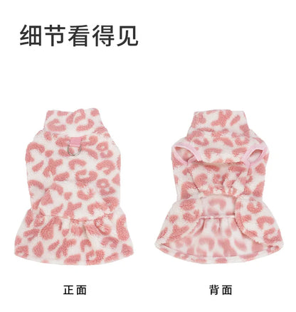 New Arrival Fleece Dog Dress Winter Leopard Print - Cute Princess Gown Outfit for Teddy Puppy Small Dogs Clothing