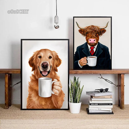 Funny Wall Art Pictures Animal Coffee Portrait Posters Canvas Print Art Sloth Pug Dog and Coffee Mural Cute Home Decor Painting