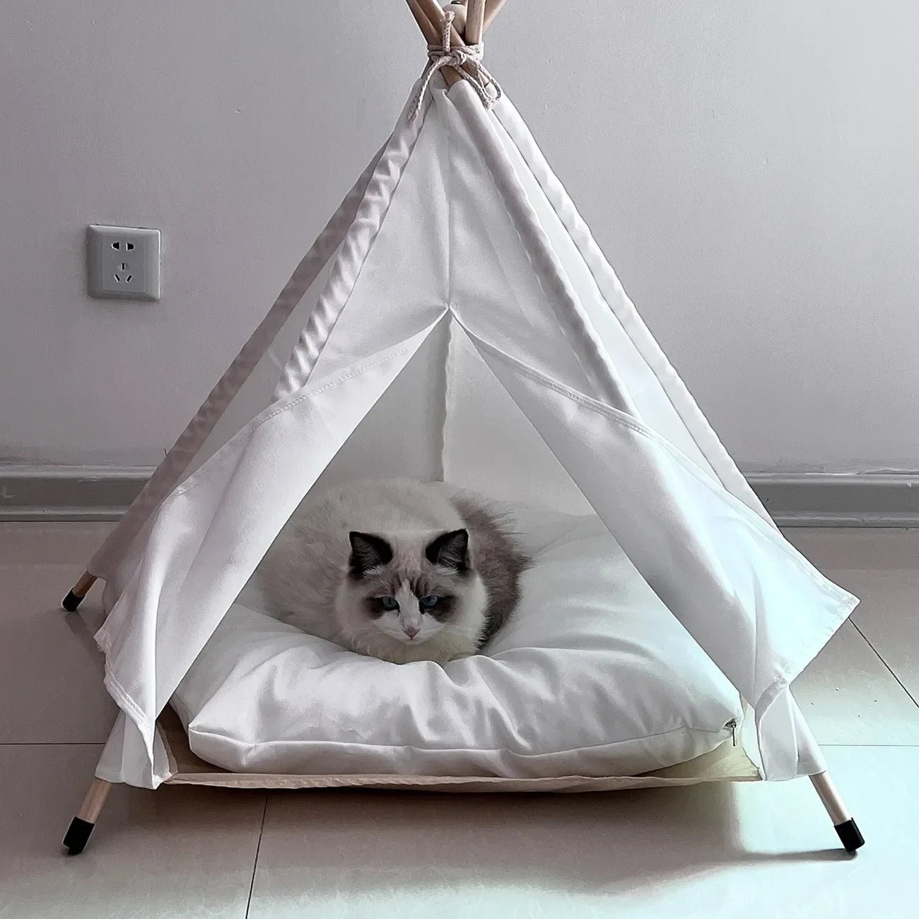 the TINY TEE-PEE - Pet Tent Dog/Cat Nest, Washable Doghouse Cat Tent, Semi Enclosed Insulated Cat/Doghouse, Foldable Dog/Cat Villa with Cushion and Blackboard