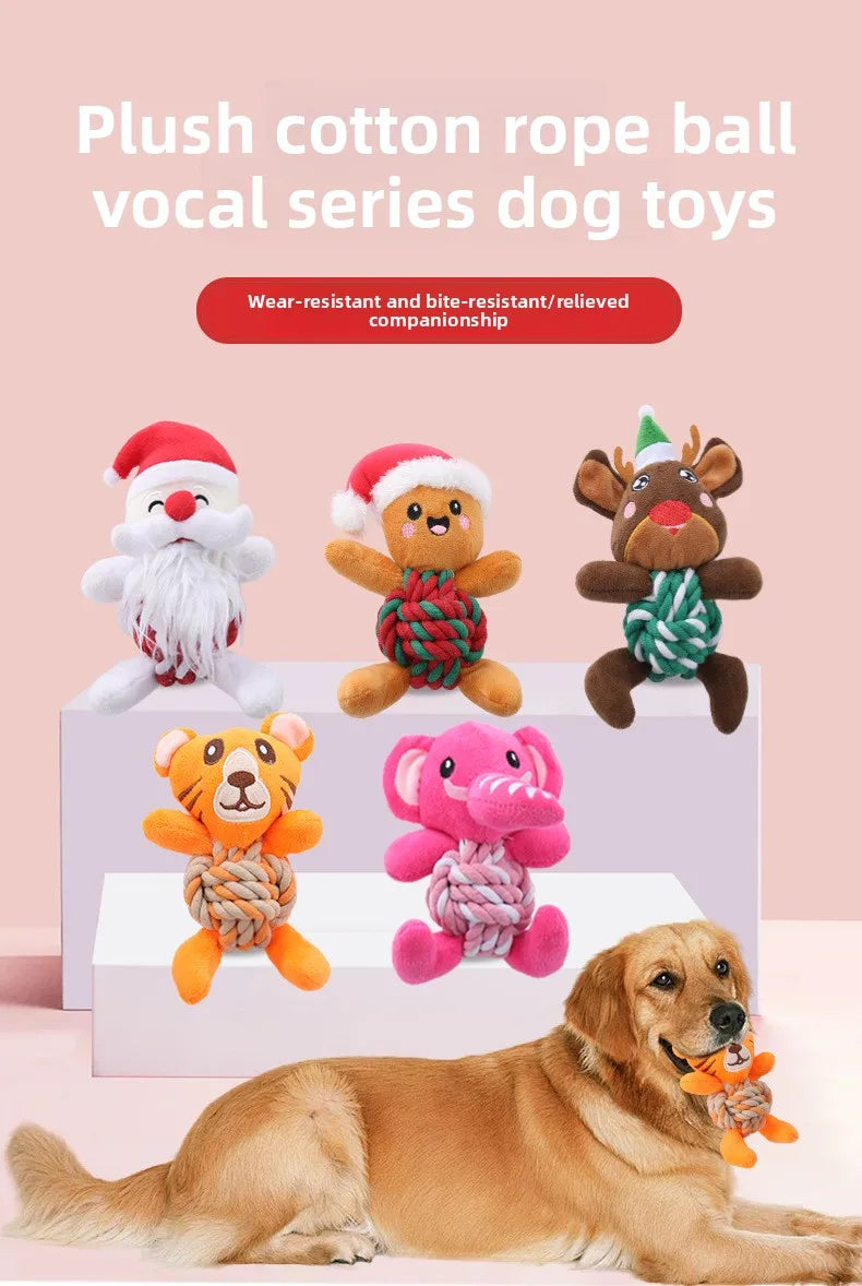 the MERRY PLUSH MUNCHERS - Christmas Plush Dog Toys with Cotton Rope & Squeakers, Chew Resistant Animal Dental Toys for Puppies, Teething Chew Toys