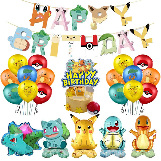 Pikachu Birthday Pokemon Party Decorations Pikachu Foil Balloons Disposable Tableware Plate Napkin Banner For Boy Party Supplies