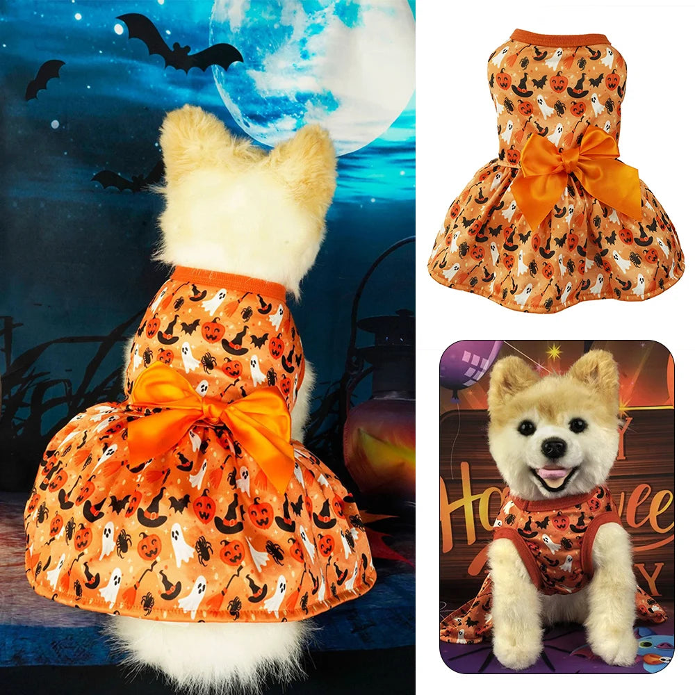 Pet Pumpkin Bat Print Dress Dog Costume Apparel Halloween Dog Clothes Festival Cosplay Puppy Clothes Funny Pumpkin Spider Hats