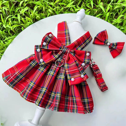 Pet Dog Cat JK Dresses Strap Bow Tie Harness Leash Dog Clothing Skirt Cat Pet Clothing Cosplay Christmas Checker Clothes