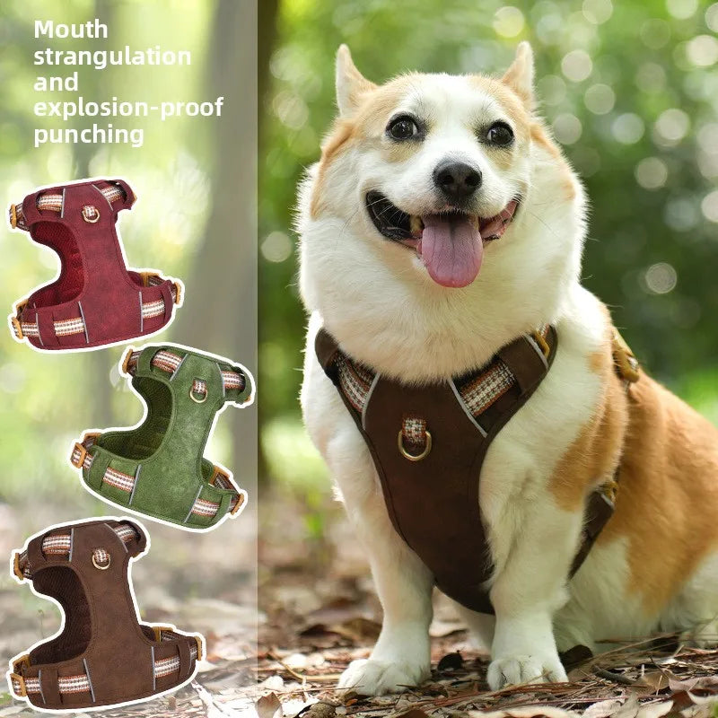 Retro leather pet chest strap, explosion-proof, reflective dog chest and back, breathable and adjustable