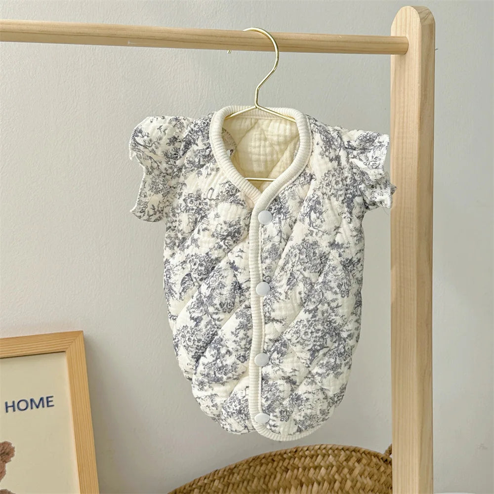 Pet Autumn and Winter Flying Sleeve Gauze Dog Parkas Home Clothing Small Dog Autumn and Winter Clothing Warm Floral Vest