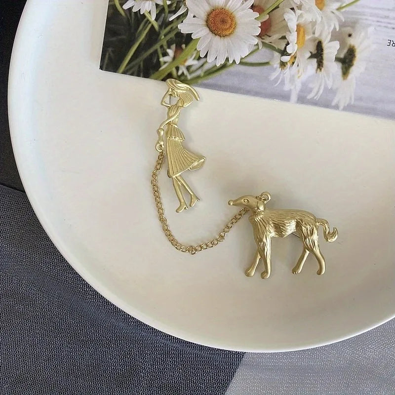 Fashion Lady Walking Dog Chain Brooch Women Suit Pin