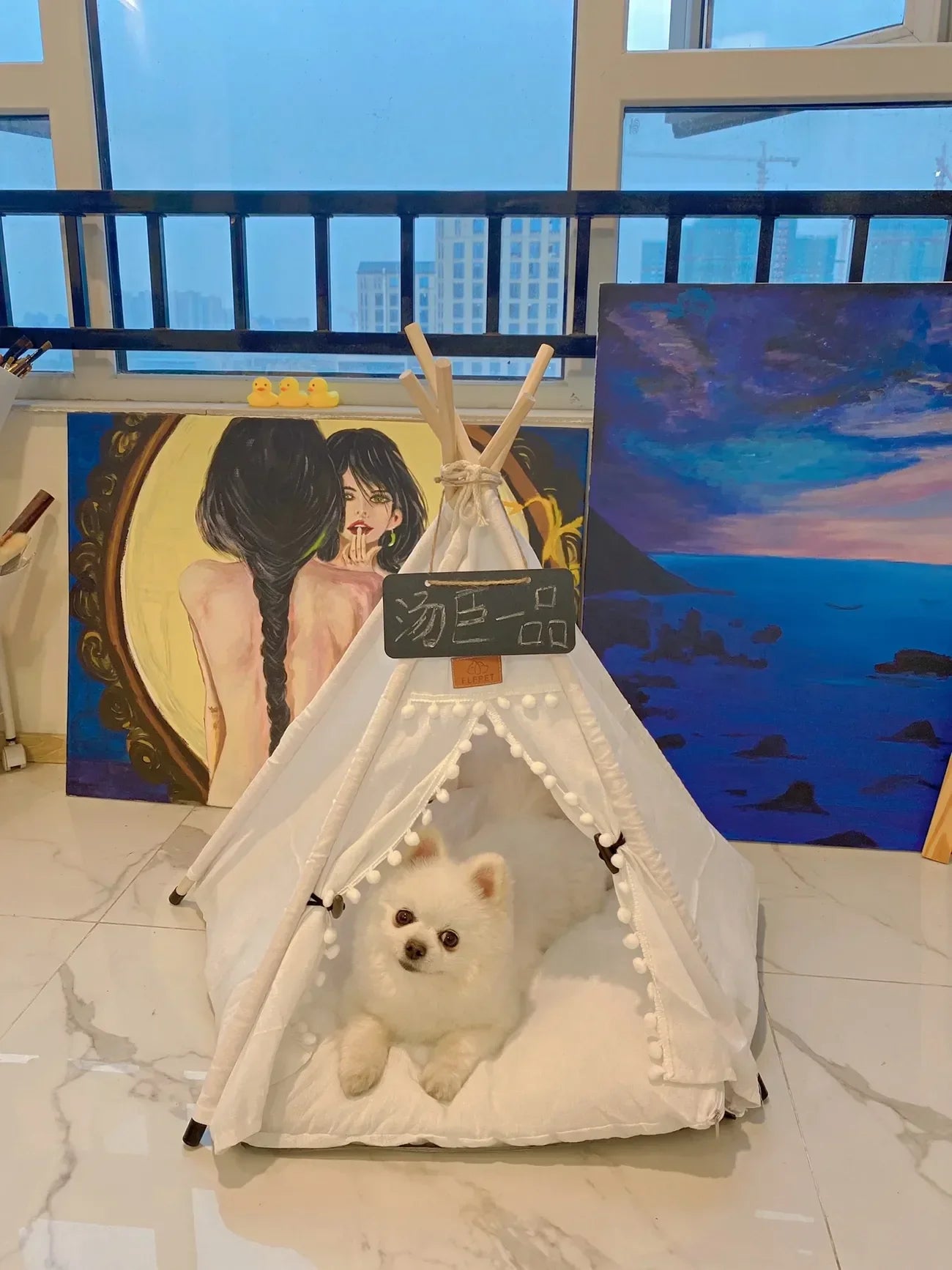 the TINY TEE-PEE - Pet Tent Dog/Cat Nest, Washable Doghouse Cat Tent, Semi Enclosed Insulated Cat/Doghouse, Foldable Dog/Cat Villa with Cushion and Blackboard